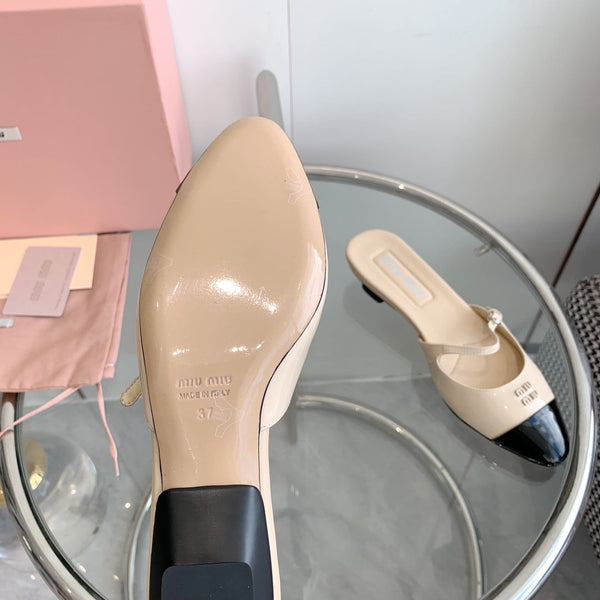 Miu Sandals Square Heel Shoes Beige Leather