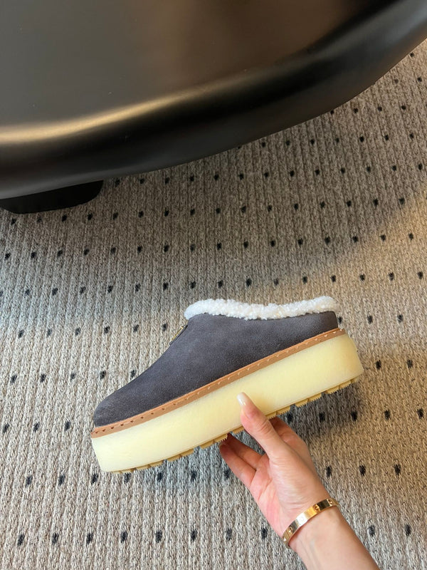 Prada 25s Furry Half-Cover Slippers Black Suede And Wool 538430