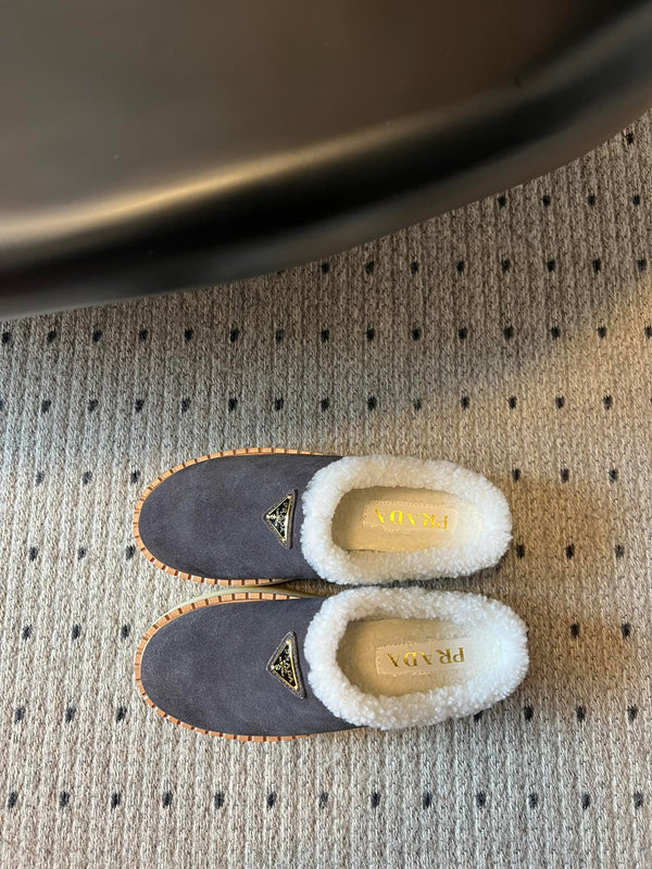 Prada 25s Furry Half-Cover Slippers Gray Suede And Wool 538427