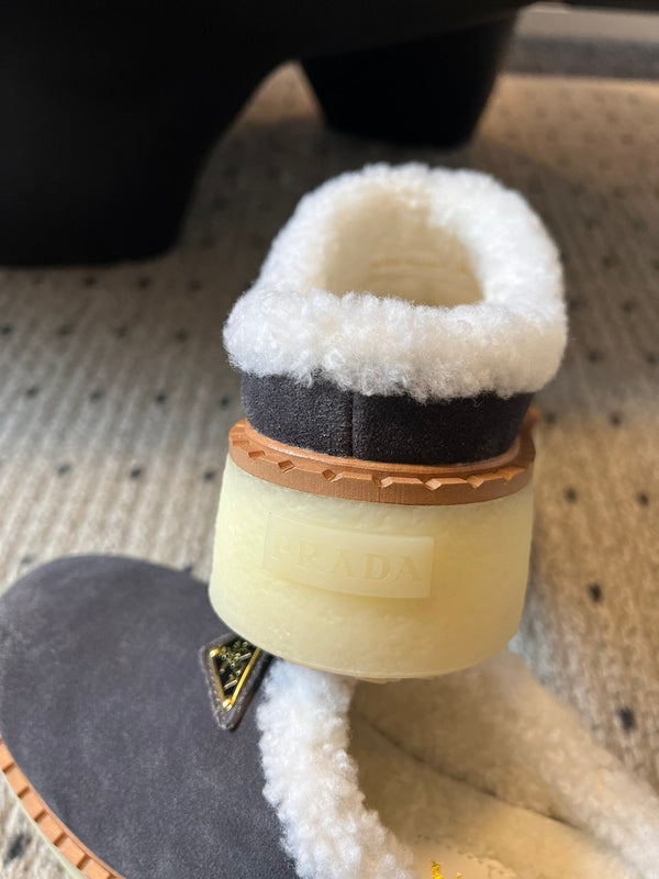 Prada 25s Furry Half-Cover Slippers Gray Suede And Wool 538427