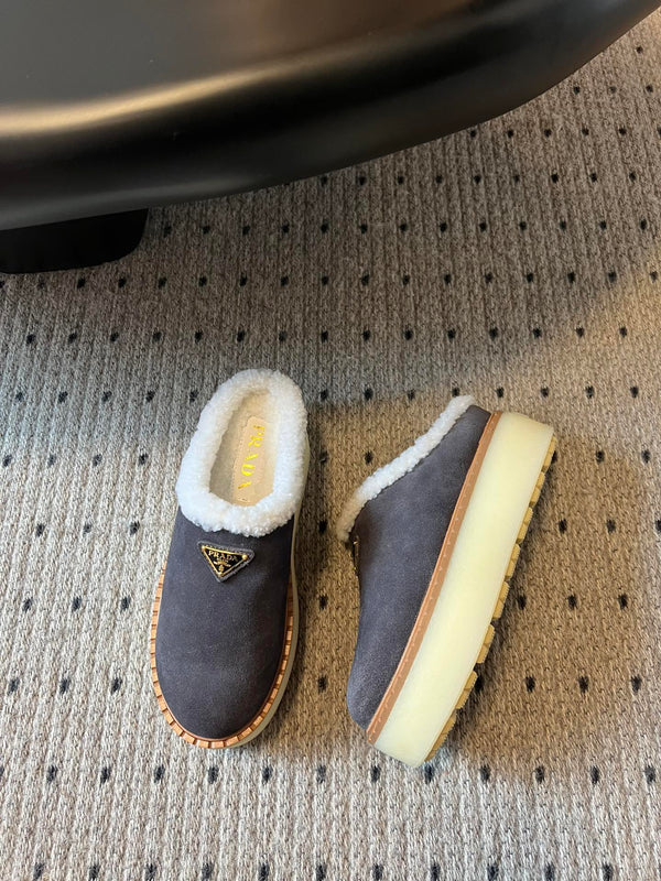 Prada 25s Furry Half-Cover Slippers Gray Suede And Wool 538427