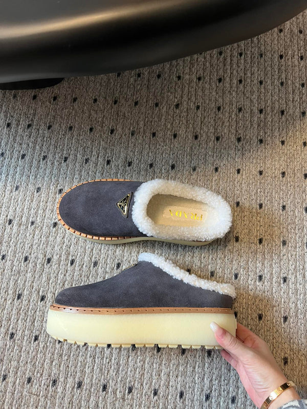 Prada 25s Furry Half-Cover Slippers Gray Suede And Wool 538427