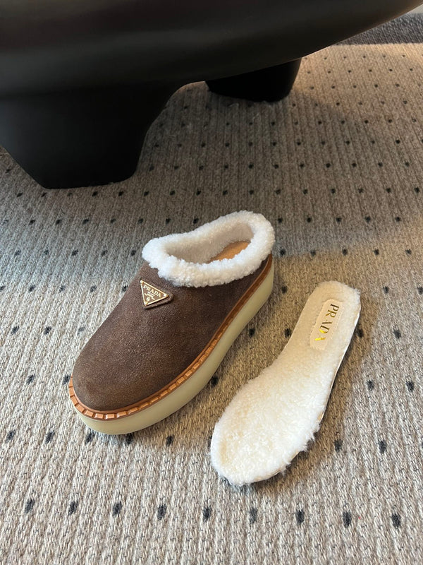 Prada 25s Furry Half-Cover Slippers Brown Suede And Wool 538428