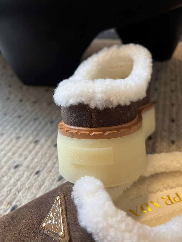 Prada 25s Furry Half-Cover Slippers Brown Suede And Wool 538428