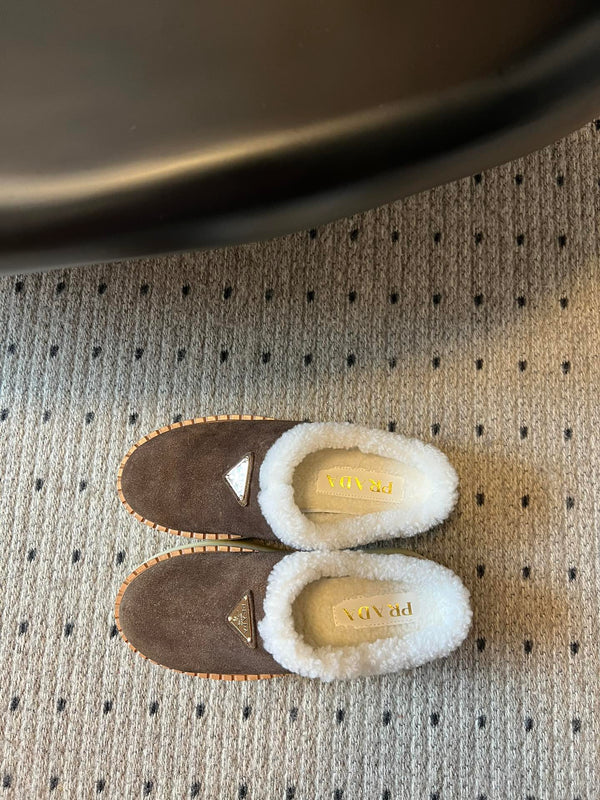 Prada 25s Furry Half-Cover Slippers Brown Suede And Wool 538428