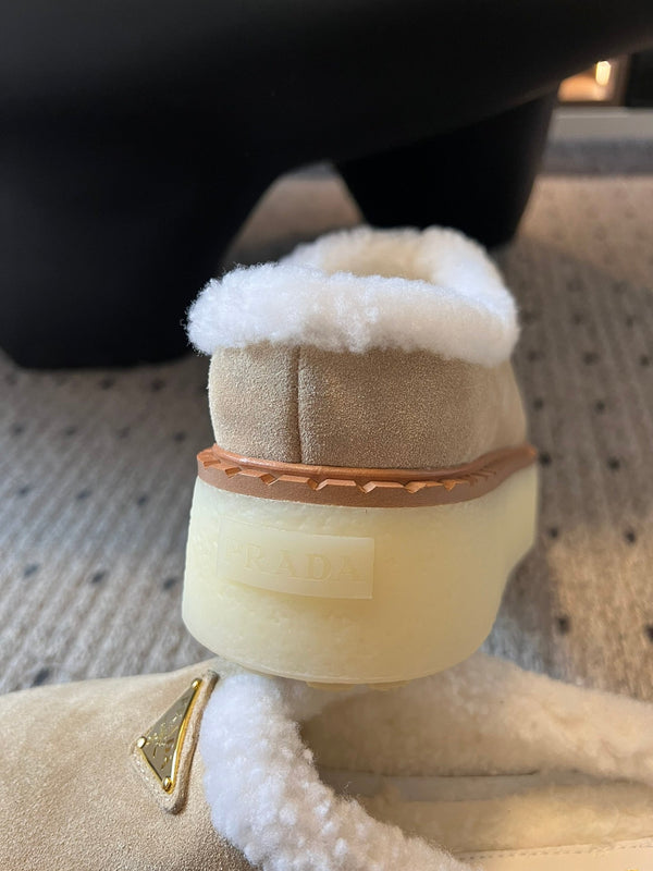 Prada 25s Furry Half-Cover Slippers Beige Suede And Wool 538429