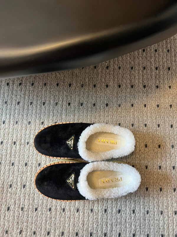 Prada 25s Furry Half-Cover Slippers Black Suede And Wool 538430