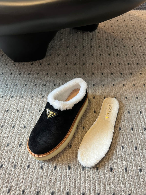Prada 25s Furry Half-Cover Slippers Black Suede And Wool 538430