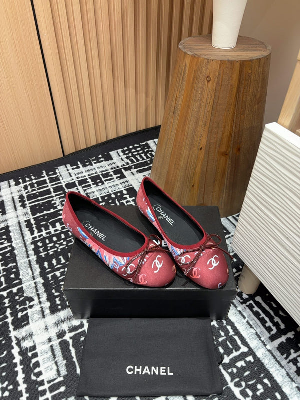 CC Ballet Flats Red Silk Flowers And Lambskin
