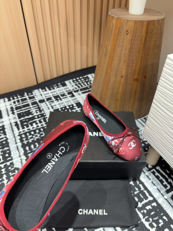 CC Ballet Flats Red Silk Flowers And Lambskin