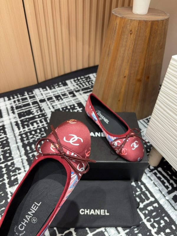 CC Ballet Flats Red Silk Flowers And Lambskin