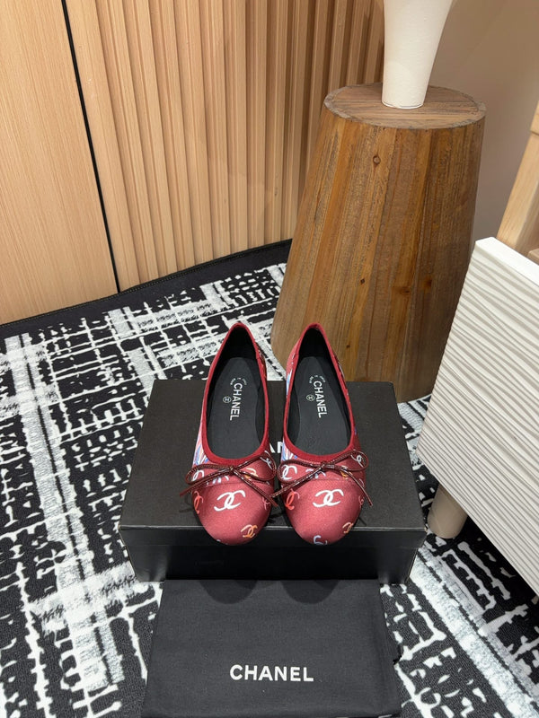 CC Ballet Flats Red Silk Flowers And Lambskin