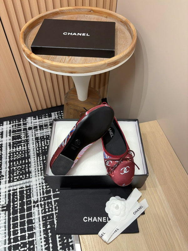 CC Ballet Flats Red Silk Flowers And Lambskin