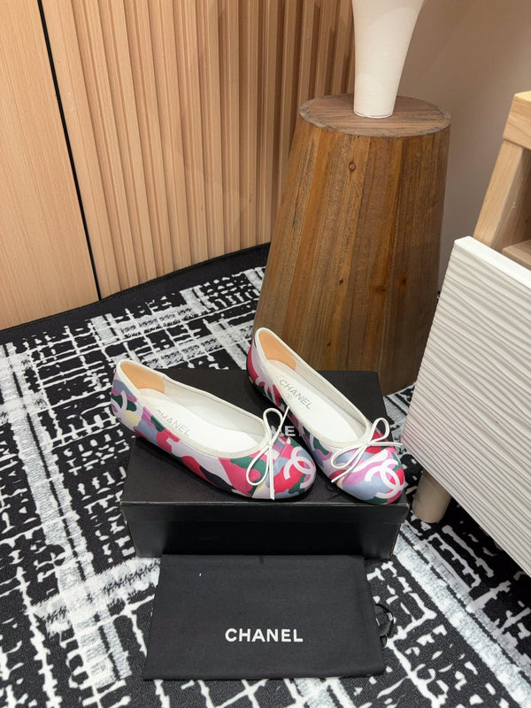 CC Ballet Flats White Pink Mix Blue Black Silk And Lambskin