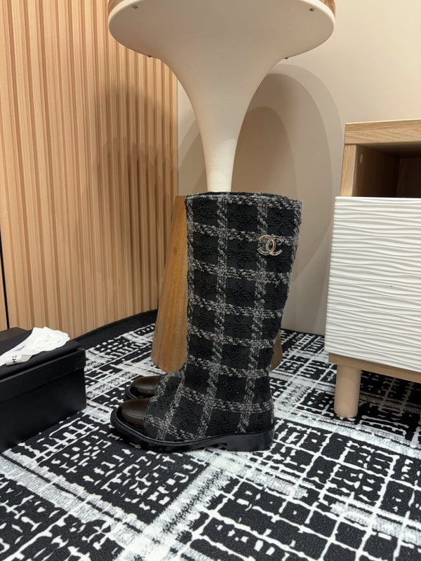 CC High Boots In Black Wool Tweed And Lambskin Gold Hardware
