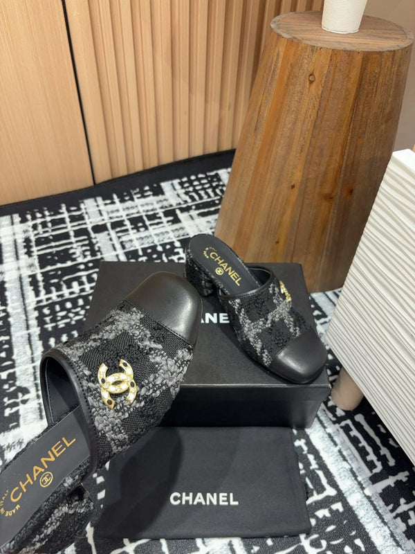 CC Mule 60mm In Black Wool Tweed And Lambskin Gold Hardware