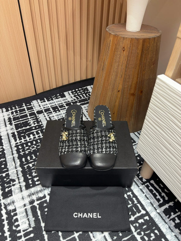 CC Mule 60mm In Black Mix White Wool Tweed And Lambskin