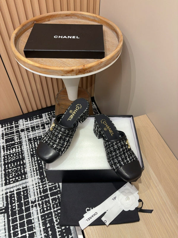 CC Mule 60mm In Black Mix White Wool Tweed And Lambskin