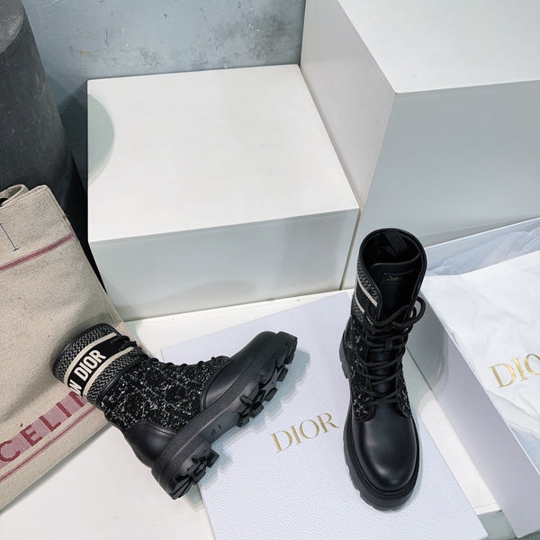 CD Major Ankle Boots Black White Calfskin And Fabric Canvas