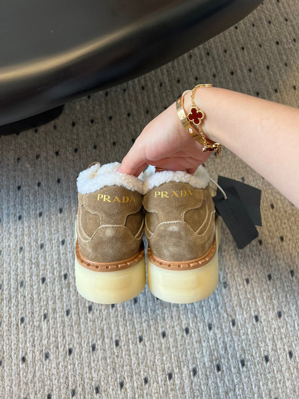 Prada 25s Mid-Top Sneaker Light Brown Suede And Wool 538433