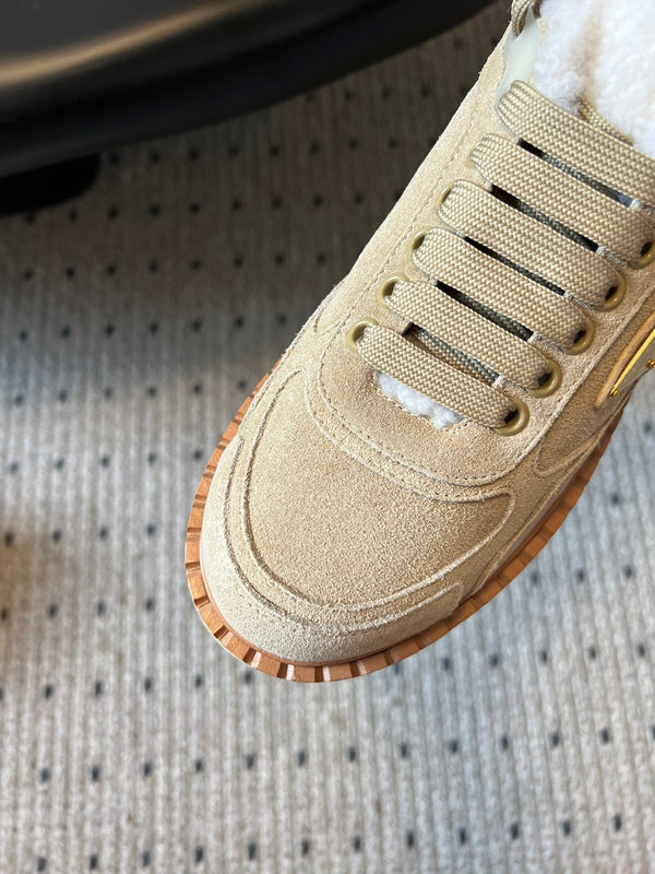 Prada 25s Mid-Top Sneaker Beige Suede And Wool 538436