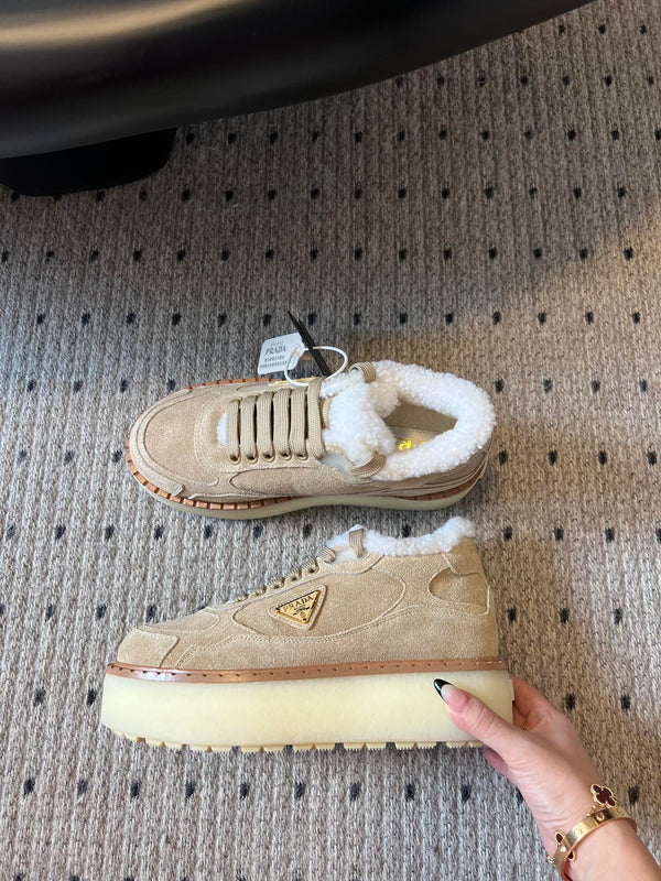 Prada 25s Mid-Top Sneaker Beige Suede And Wool 538436