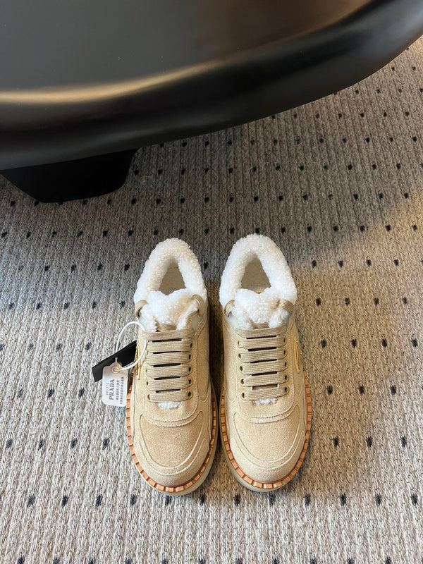 Prada 25s Mid-Top Sneaker Beige Suede And Wool 538436