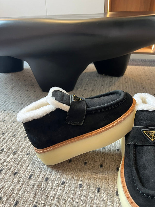 Prada 25s platform ankle boots black suede and wool 538437