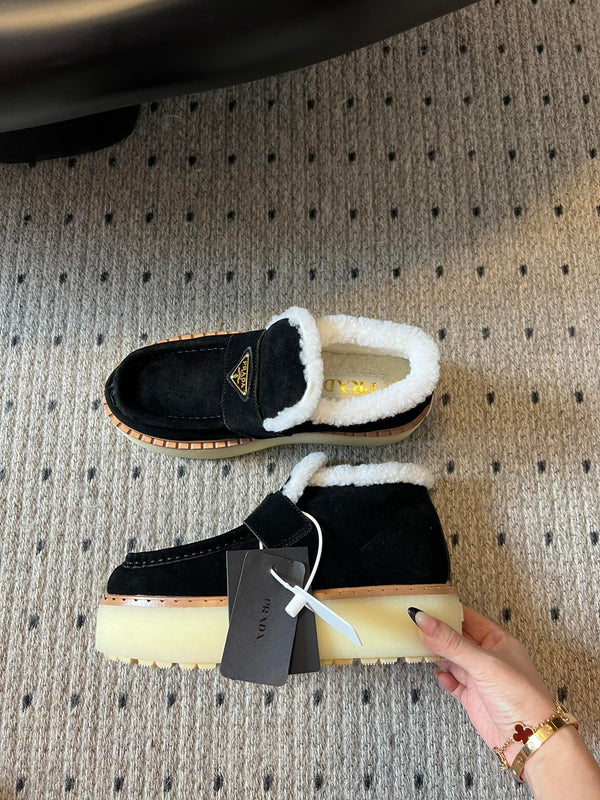 Prada 25s platform ankle boots black suede and wool 538437