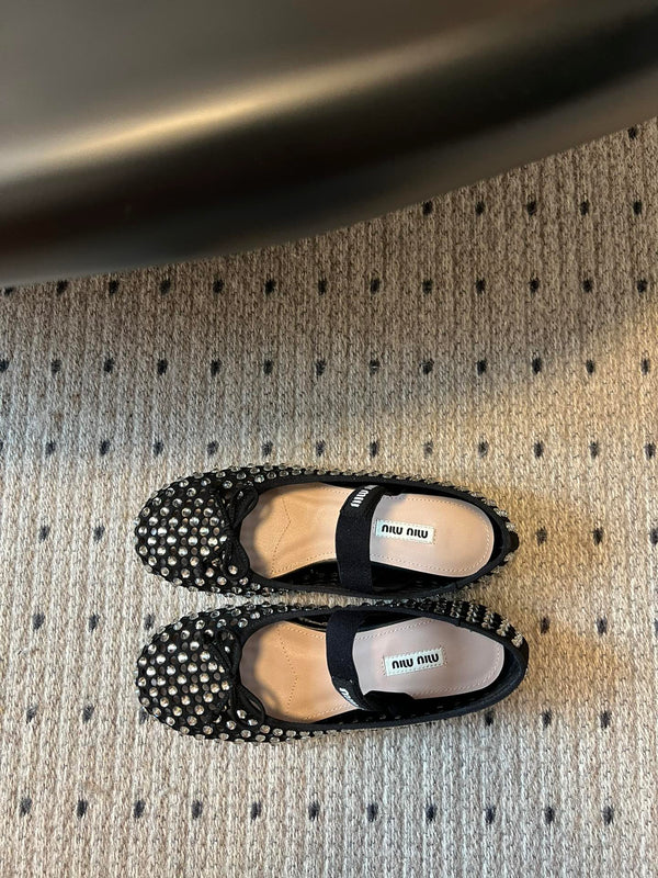 Miu 26s Ballerina Flats In Black Mesh Calfskin With Rhinestones