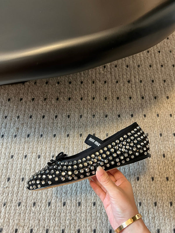 Miu 26s Ballerina Flats In Black Mesh Calfskin With Rhinestones
