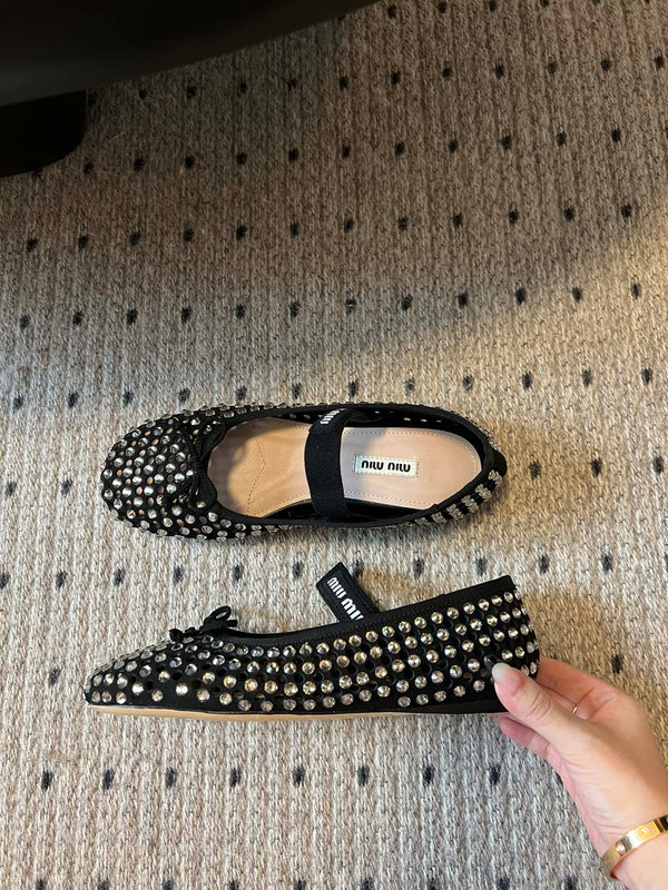 Miu 26s Ballerina Flats In Black Mesh Calfskin With Rhinestones