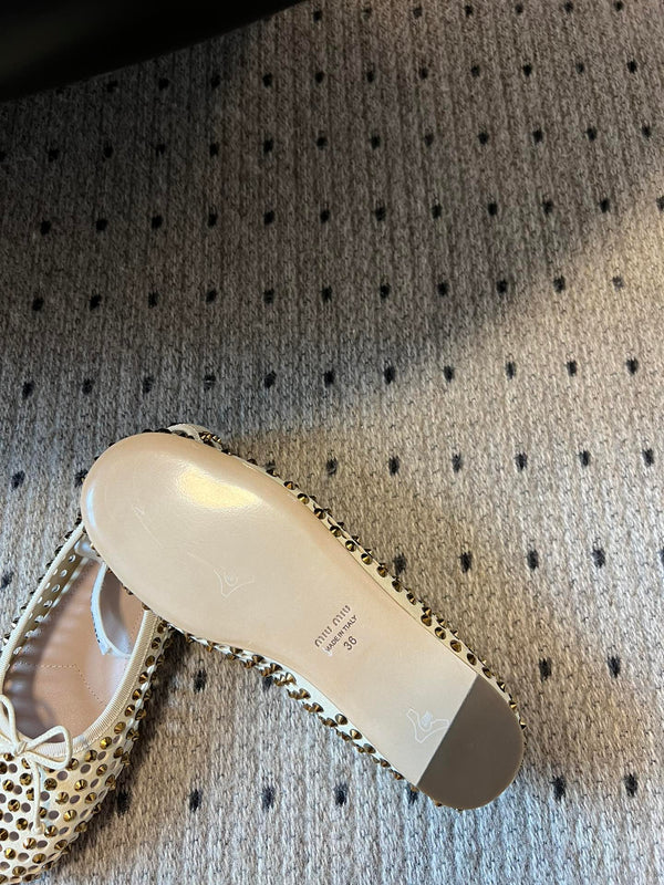 Miu 26s Ballerina Flats In Light Beige Mesh Calfskin With Rhinestones