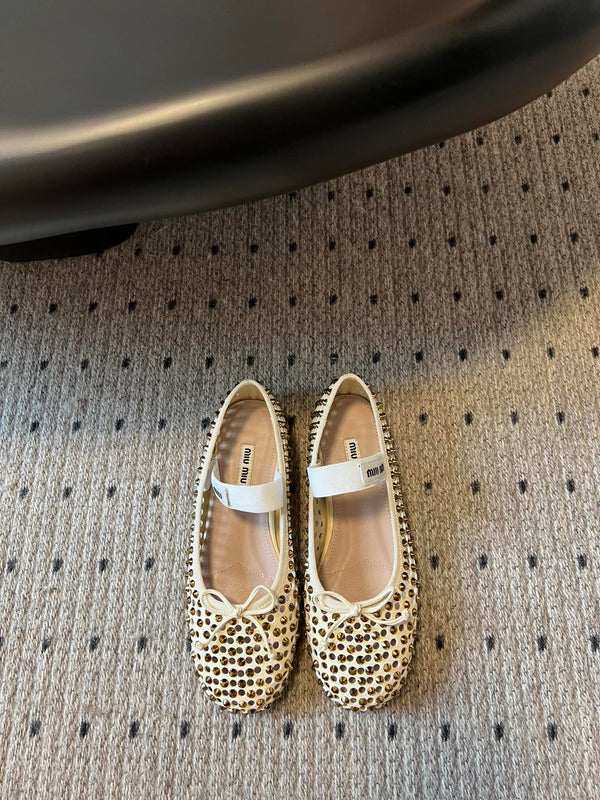 Miu 26s Ballerina Flats In Light Beige Mesh Calfskin With Rhinestones