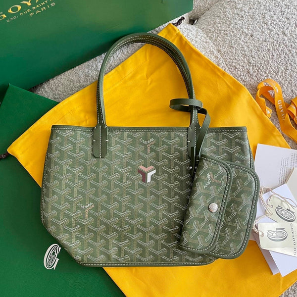 BORSA ANJOU MINI 20 IN TELA GOYARDINE VERDE BOSCO E PELLE DI VITELLO