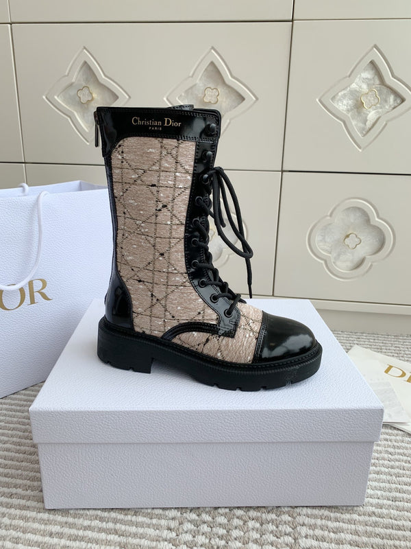 CD D-Unit Ankle Boot In Beige Mix Black Tweed Fabric And Glossy Cowhide 105088