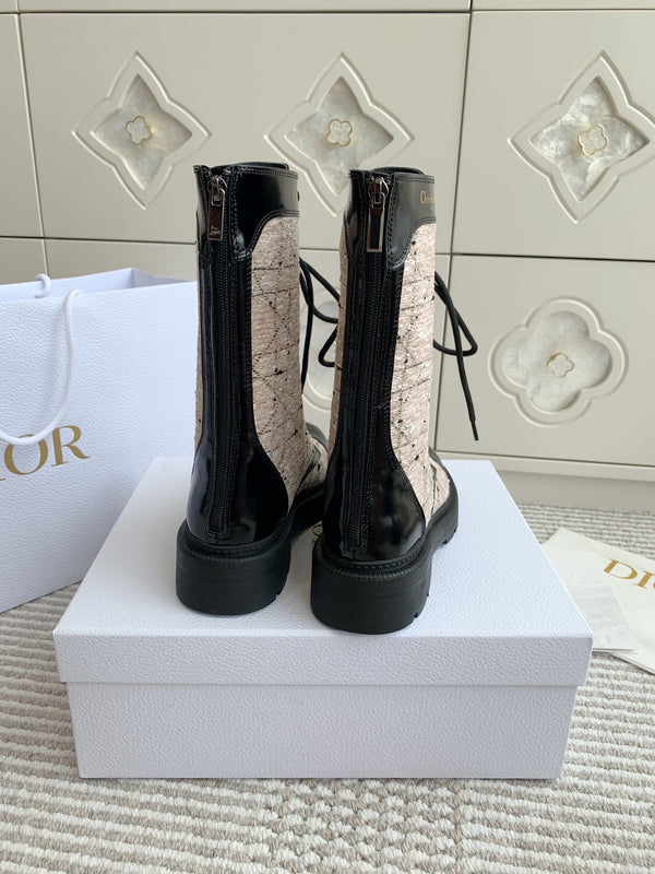 CD D-Unit Ankle Boot In Beige Mix Black Tweed Fabric And Glossy Cowhide 105088