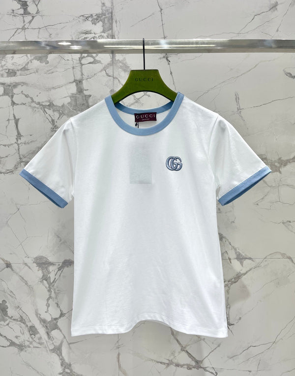 Gucci Embroidered Short Sleeves T-shirt White Blue Cotton