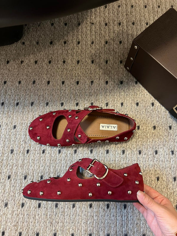 Alaia 25 Criss Cross With Stud Ballet Flats Ruby Red Suede Sheepskin 303690