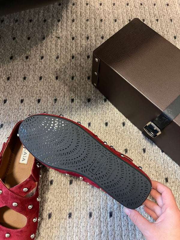 Alaia 25 Criss Cross With Stud Ballet Flats Ruby Red Suede Sheepskin 303690