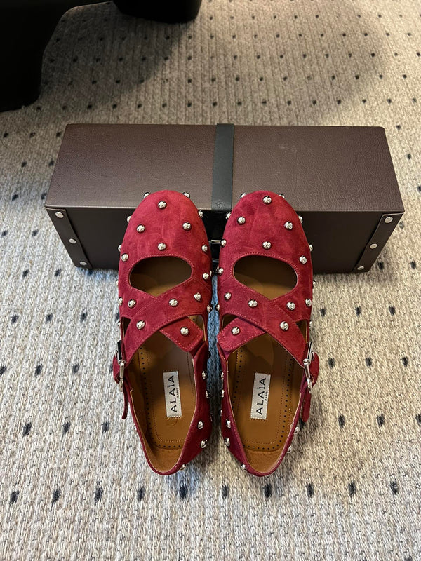 Alaia 25 Criss Cross With Stud Ballet Flats Ruby Red Suede Sheepskin 303690