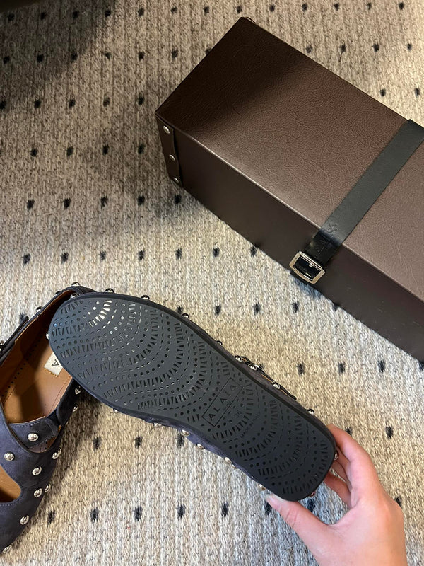 Alaia 25 Criss Cross With Stud Ballet Flats Azure Blue Suede Sheepskin 303691