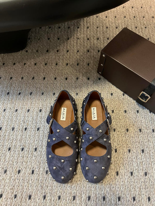 Alaia 25 Criss Cross With Stud Ballet Flats Azure Blue Suede Sheepskin 303691