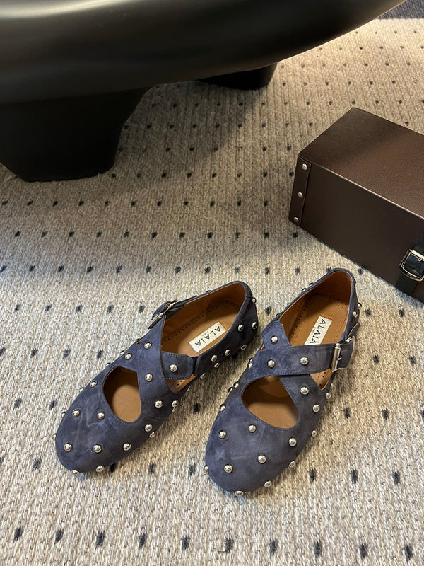 Alaia 25 Criss Cross With Stud Ballet Flats Azure Blue Suede Sheepskin 303691