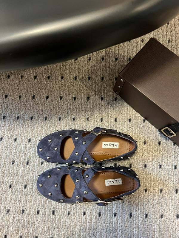 Alaia 25 Criss Cross With Stud Ballet Flats Azure Blue Suede Sheepskin 303691