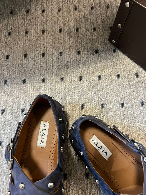 Alaia 25 Criss Cross With Stud Ballet Flats Azure Blue Suede Sheepskin 303691
