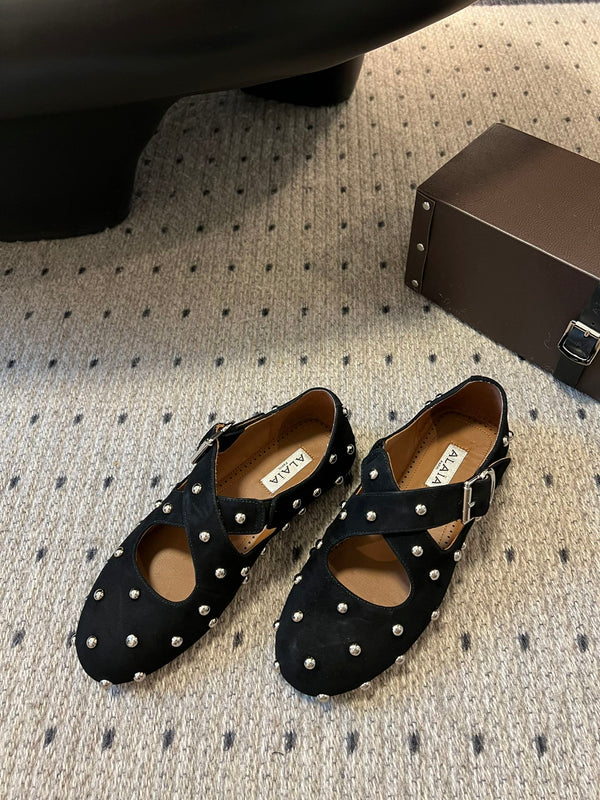 Alaia 25 Criss Cross con borchie Ballerine in pelle scamosciata nera di pecora 303693