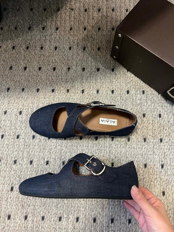 Alaia 25 Criss Cross With Stud Ballet Flats Denim Blue Sheepskin 303695