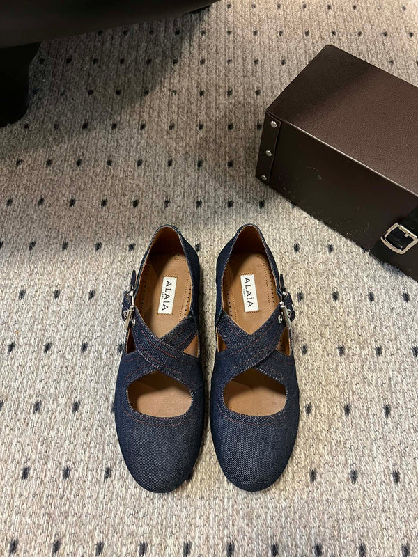 Alaia 25 Criss Cross With Stud Ballet Flats Denim Blue Sheepskin 303695
