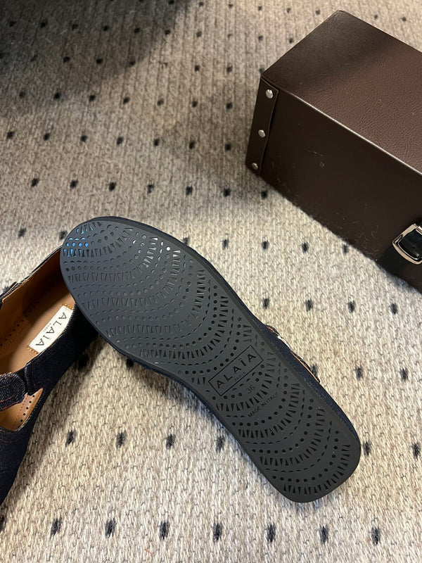 Alaia 25 Criss Cross With Stud Ballet Flats Denim Blue Sheepskin 303695